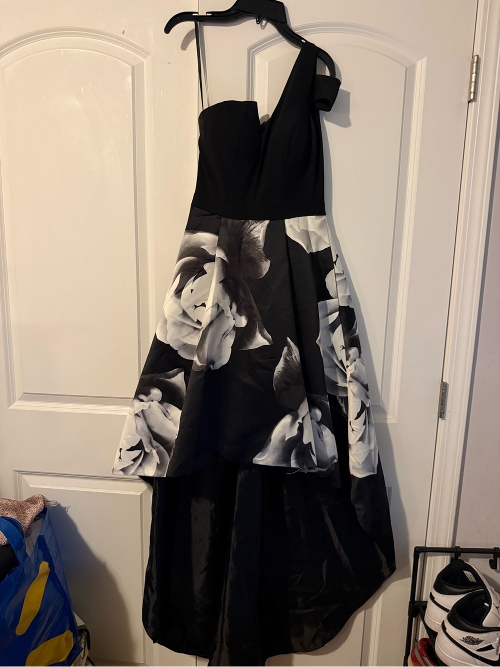 One-Shoulder Black and White Floral High-Low Dress